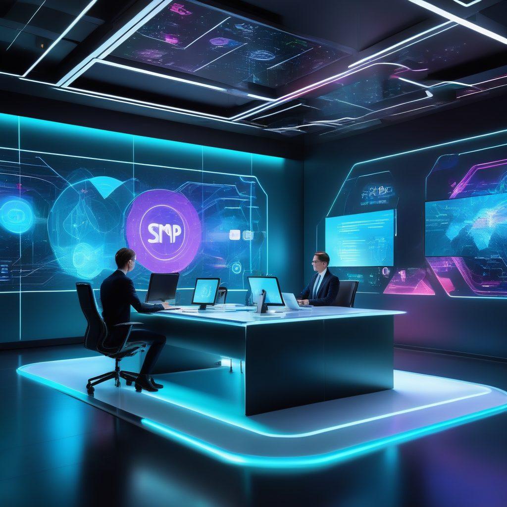 A futuristic office setting with holographic screens and professionals collaborating, reflecting innovation and technology. Stylized elements showing digital marketing, data analytics, and seamless communication. Emphasize Shemalex's logo subtly integrated in the background. vibrant colors. 3D.