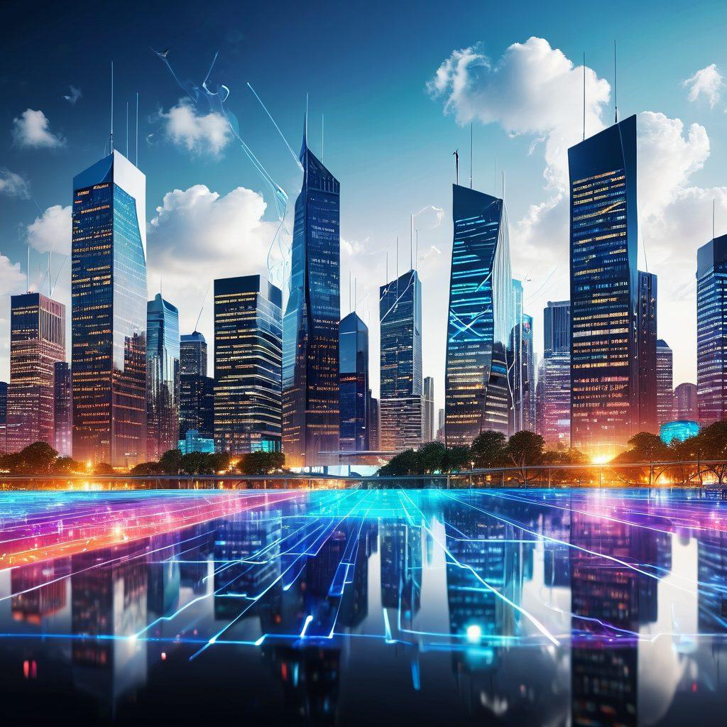 A futuristic digital landscape with interconnected networks, highlighting key elements like web development, cloud services, and data analytics. The background should have a blend of modern skyscrapers symbolizing business growth and technology icons representing Shemalex Web Services. Superimpose a dynamic stream of binary code and vibrant waveforms to emphasize digital transformation. Make sure the overall tone is inspiring and forward-thinking. super-realistic. vibrant colors. white background.